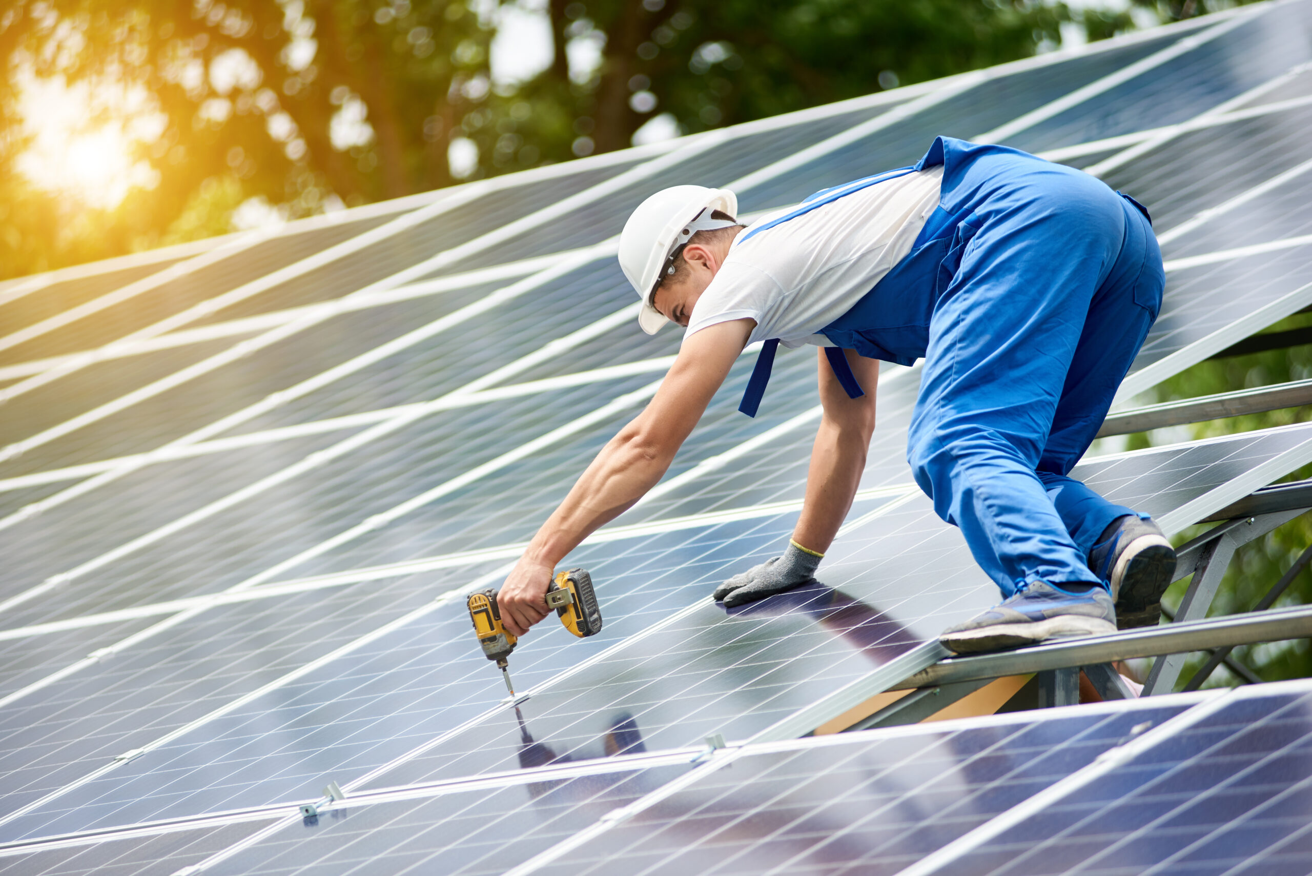 Construction worker connecting photo voltaic panel to solar system using screwdriver on shiny surface and lit by sun green tree background. Alternative energy and financial investment concept.